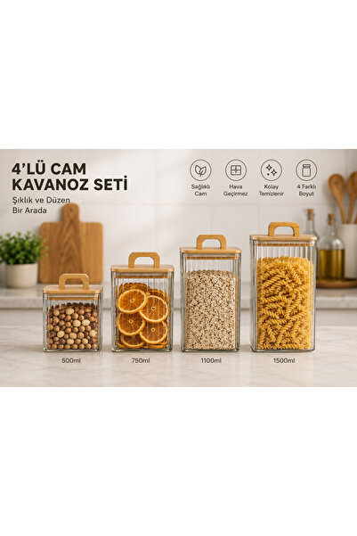 AC AMİSOS Premium Glass Jar Set of 4 with Rectangular Design and Bamboo Lids