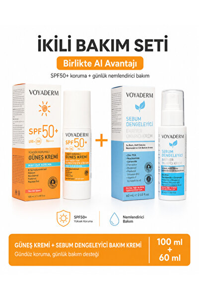 Voyaderm Gündüz & Gece İkili Bakım Seti SPF50+ Yüz Güneş Kremi 100 ml + Sebum...