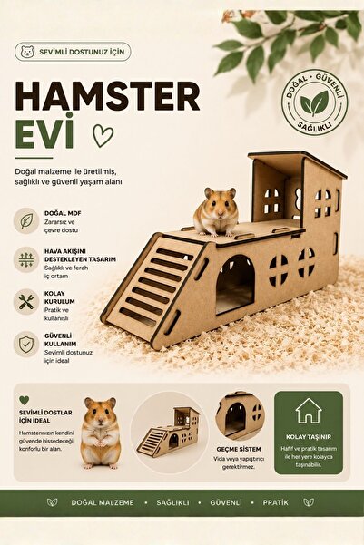 ALGWOOD Ahşap Hamster Oyun Kompleksi - Teraslı ve Merdivenli Doğal MDF Kemirg...