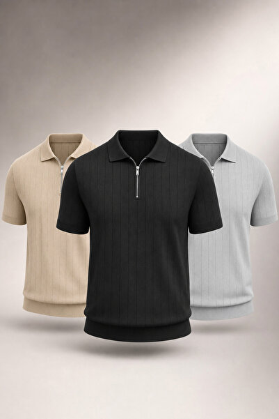 ZMODA SOFT طقم تي شيرت رجالي مكون من 3 قطع بياقة بولو ونسيج محبوك ونصف سحاب، ...