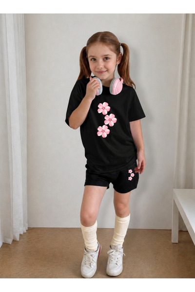 LORVEX Set de tricou și pantaloni scurți pentru fete, din bumbac imprimat, co...