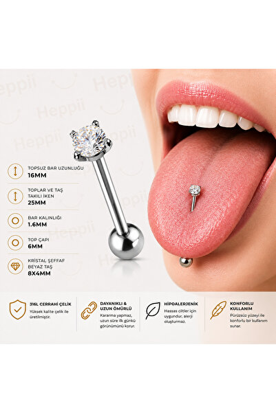 Heppii 316L Cerrahi Çelik Ucu Kristal Taşlı Dil Piercing Tongue Piercing Beya...