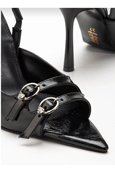 Poise store Women's Black Patent Leather Stylish Buckle Detailed High-Heeled ...