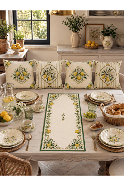 HOMESSA Capri Limon Çiçeği Runner ve 4'lü Kırlent Seti