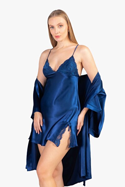 Lunoche Nightwear Saten Kadın Dantelli ve Sırt Detaylı Çeyizlik Ikili Gecelik...