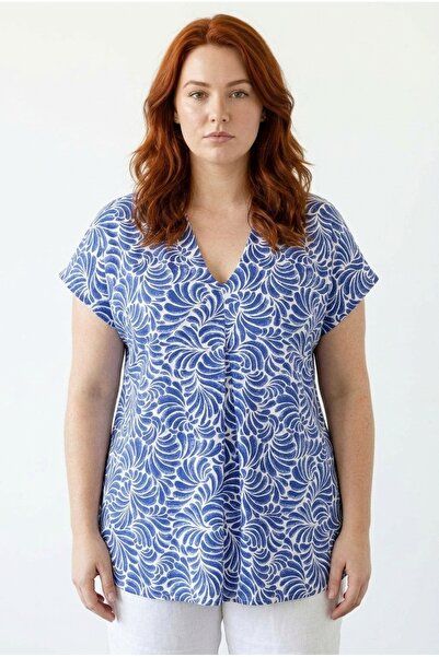 Stil Diva T-shirt sa V-izrezom, plisiranim dizajnom i printom