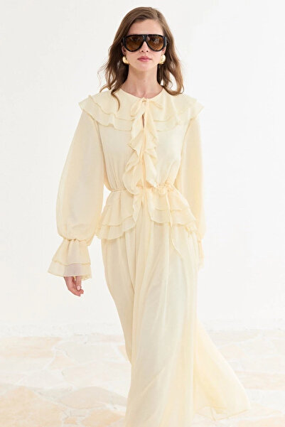 ASEDE Imported Fabric Collar and Sleeve Flounce Lace-Up Chiffon Dress