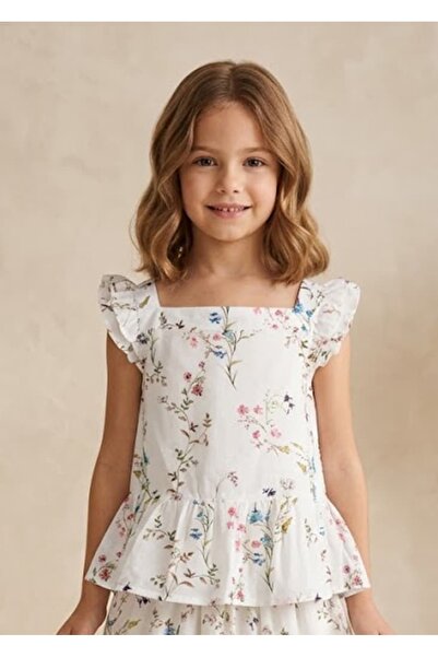 Ozmoz By Mukadder Özden Organic Floral Patterned Ruffled Ecru Summer Girls' B...