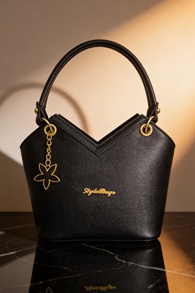 ents Women's Black Hand and Shoulder Bag with Gold Accessories, Stylish Daily...