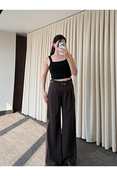 My Blog Brown Elastic Waist Belted Draped Trousers - 301