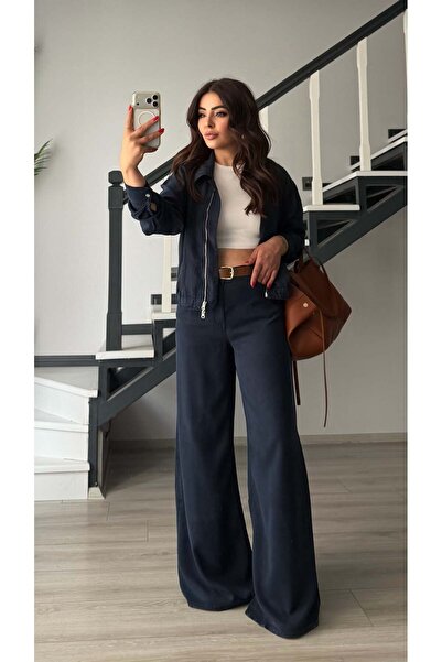 Lacivert Tencel Bomber Ceket-Pantolon Takım