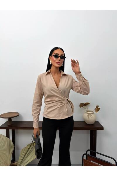 Bella Breeze Women's Double-Breasted Collared Shirt Blouse with Draped Waist ...