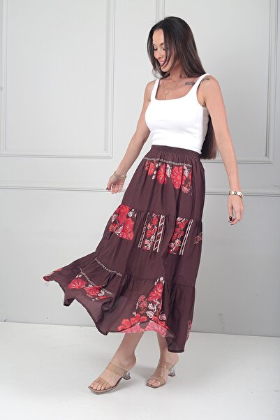 By Saygı Fusta midi cu volane, cu talie elastică și model floral, pentru femei