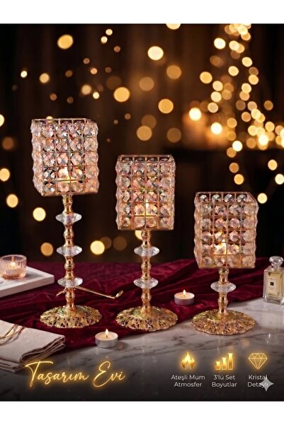 Tasarım Evi Modern Gold Küp Kristal 3'lü Şamdan Seti - Lüks Salon Masası Deko...