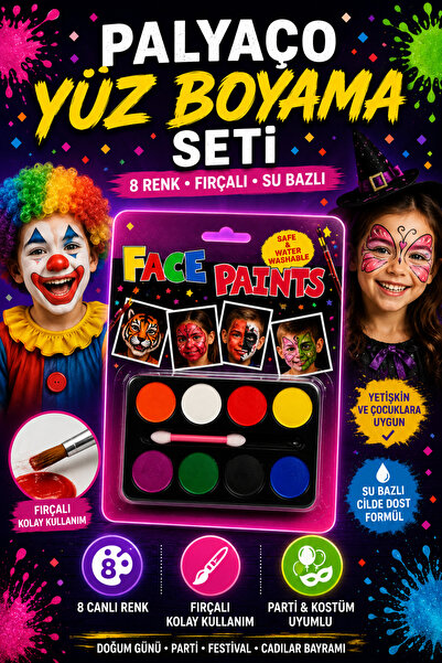 Tamsena Store Palyaço Temalı 8 Renk Yüz Boyama Seti – Fırçalı Su Bazlı Parti ...