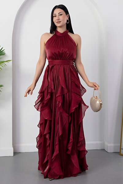 PULLIMM Halter Neck Ruffled Satin Dress Eli̇6073