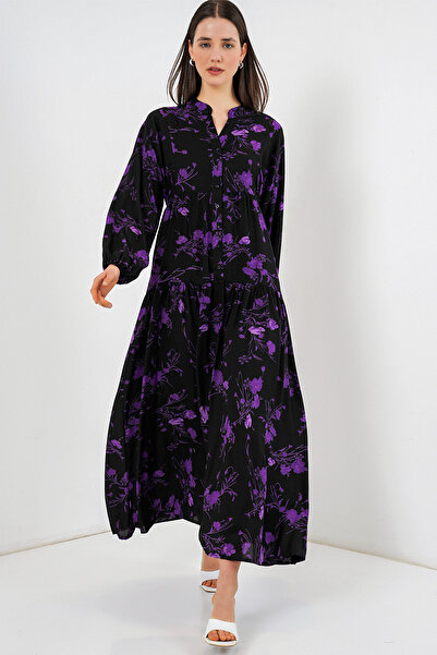 Merterium Women's Patterned Long Hijab Dress 1155 - E.Black