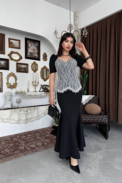 Caddebostan Moda Guipure Detailed Square Collar Fish Model Midi Dress