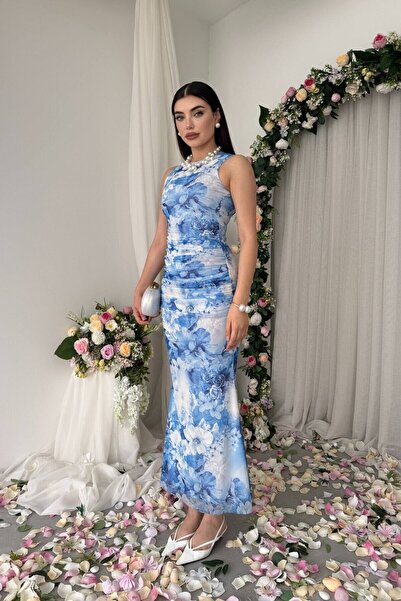 Caddebostan Moda فستان نسائي مزين بالزهور بأكمام قصيرة وطول متوسط من التول المرن
