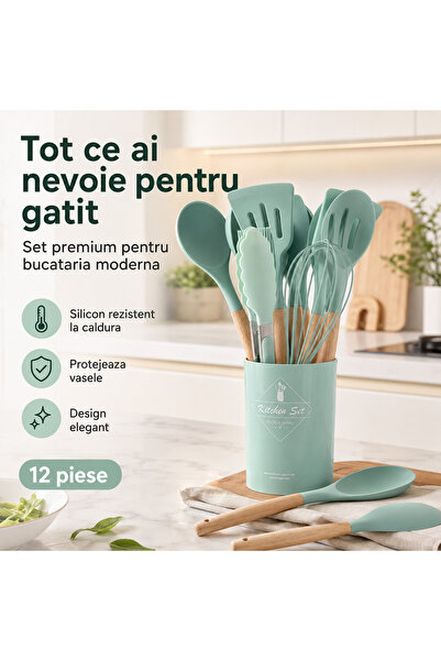 iTin Set Ustensile Bucatarie din Silicon termorezistent Verde, 12 Piese, Mane...