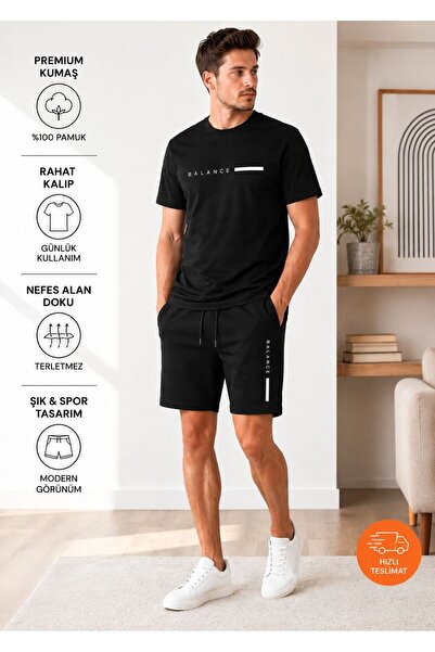 HerTarzınTrendi Men's Balance Printed Crew Neck Oversize T-Shirt Shorts Set S...