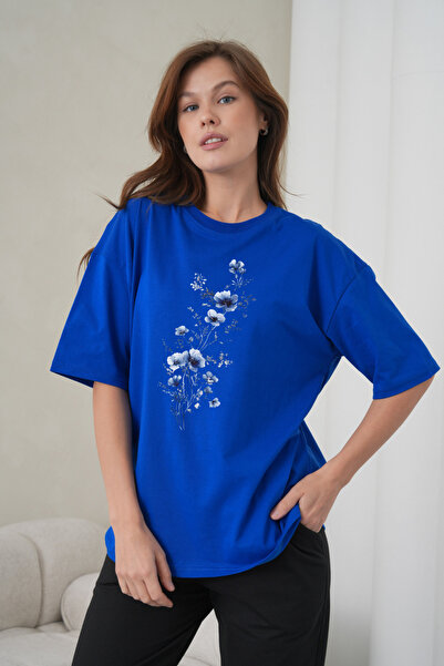 caddekombin Tricou de damă, albastru, cu imprimeu floral, Saks Blue, cu gât r...