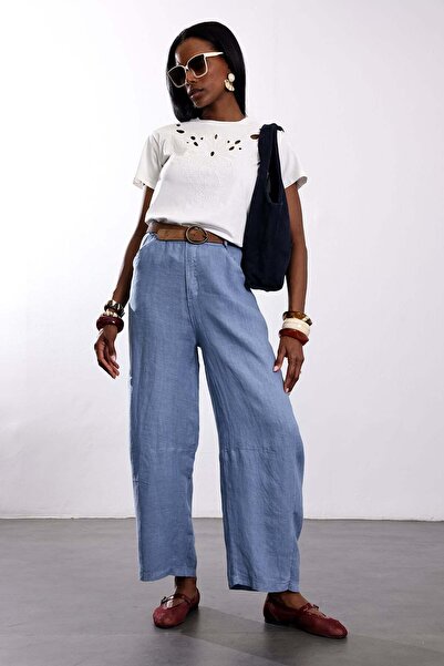 5in1Canpolat Indigo Palazzo Cut Linen Trousers 39502