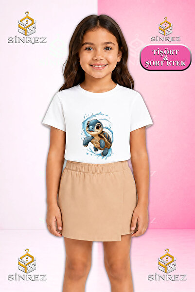 SİNREZ Girl's Set Karette Karetta in the Water Printed Short Sleeve T-Shirt S...