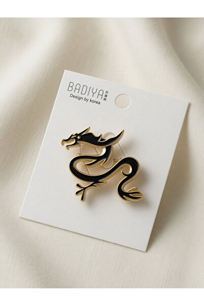 AlminaMia Badiya Gold Renkli Siyah Mineli Ejderha Broş Unisex Ceket Yakası Ça...
