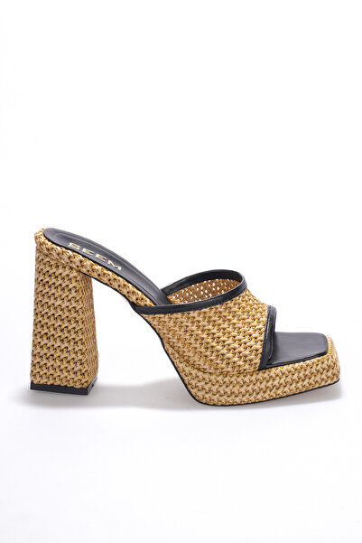SEEM Sandra Platform Heeled Straw Black Slippers