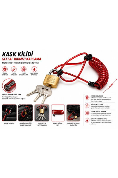 Vi Caro Çelik Halatlı Motosiklet Kask Kilidi 1.5 Metre Kırmızı Spiral Kablo