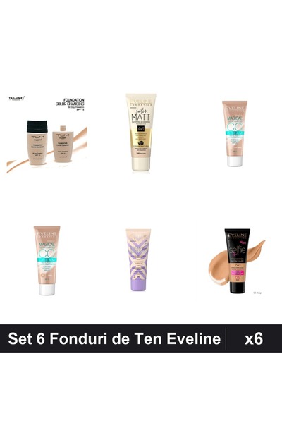 Eveline Set 6 Fonduri de Ten Eveline, Nuante Nude Bej, Makeup Matifiant SPF15...