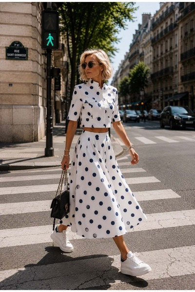 ibeeka تنورة ميدي بتصميم منقط باللونين الأزرق والأبيض من Polka Chic
