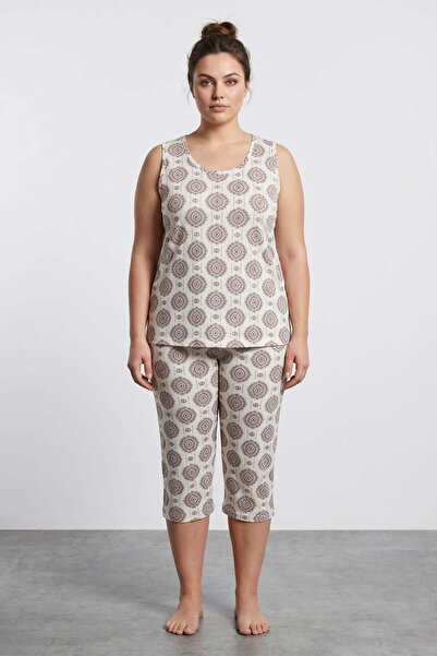 Fulla Moda Mandala Patterned Large Size Sleeveless Capri Pajama Set