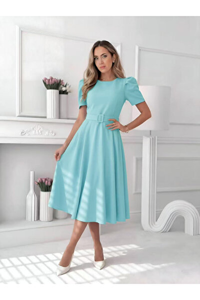 OEM Rochie midi eleganta dama uni cu curea in talie si maneca bufanta