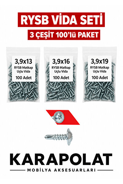 KARAPOLAT RYSB Pul Başlı Vida Seti – 3,9 mm Çap / 13-16-19mm Toplam 300 Adet