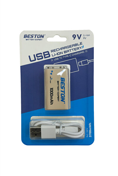 Beston 9V 1000mAh Type-C USB Şarj Edilebilir Li-Ion Kare Pil ve Şarj Kablosu