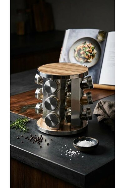 Hellomani 12-Piece Stainless Steel Glass Spice Rack Set with Wooden Covers an...