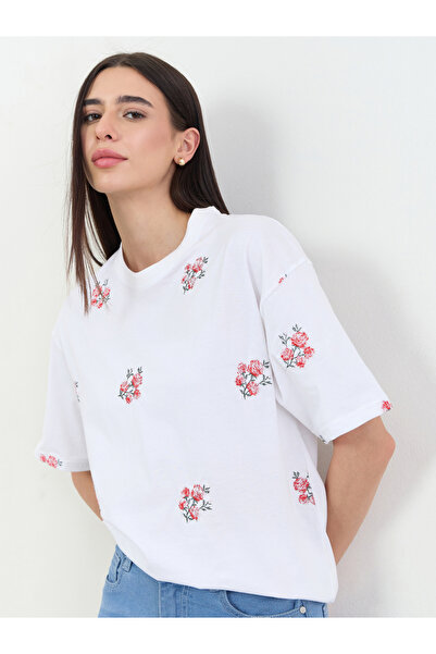 Styli White Oversized Floral Embroidered 100% Cotton T- Shirt