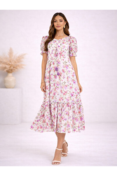 LAZZYCAT By Styli Lilac Floral Print Midi Dress with Puff Sleeves