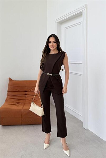 Neşeli Butik Women's Brown Shoulder Button Detailed Sleeveless Blazer Pants S...