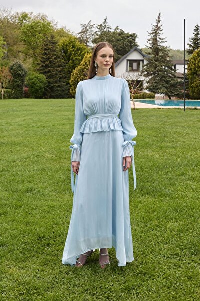 Birgül Bektaş Baby Blue Gathered Detailed Janjan Dress