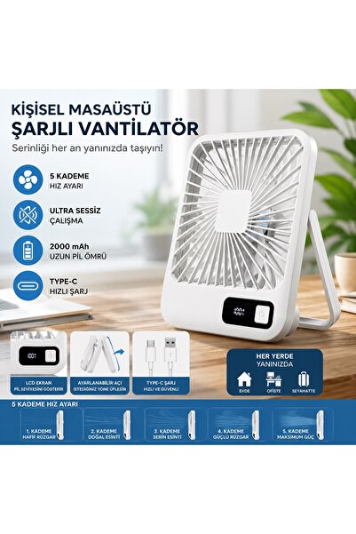 Tastech Masaüstü Şarjlı Fan 5 Hız Kademeli Ultra Ince Led Şarj Göstergeli Ası...