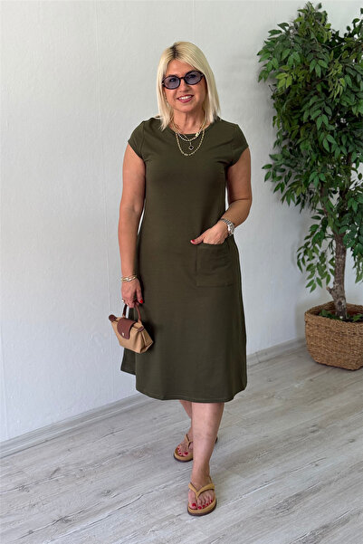 By Esra Celkan Khaki Crew Neck Single Pocket Midi Dress