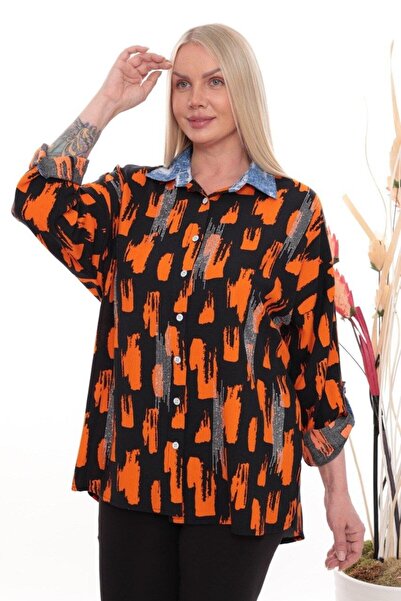JERFİ Women's Plus Size Abstract Printed Fabric Shirt