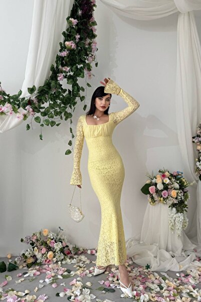 Caddebostan Moda Kare Yaka Uzun Kollu Dantelli Midi Elbise Şık Abiye