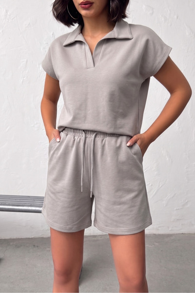 NEW JOURNAL Women's Light Gray Polo Collar Elastic Waist Bottom Top Shorts Se...