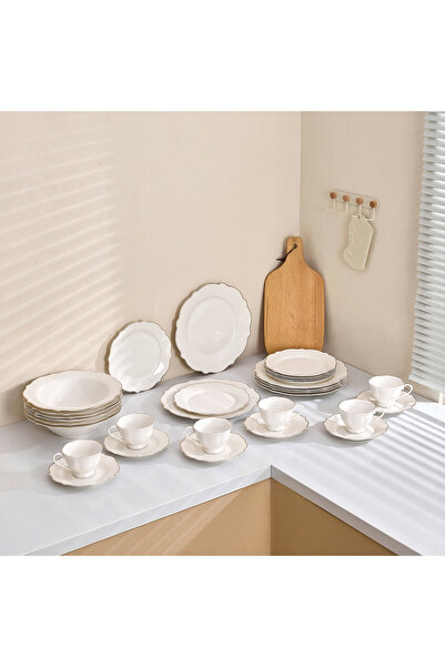 Malooki Dubai 30-piece porcelain table set, white with gold trim, 6 people