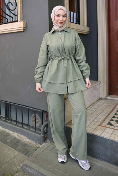 İmajButik Kaki jakna sa zatvaračem i vezanjem u struku i set pantalona