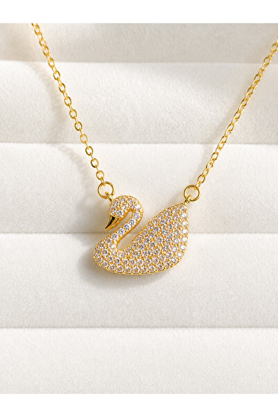 ATALYA ACCESSORY Swan Model Zircon Stone Steel Women's Necklace Does Not Tarn...